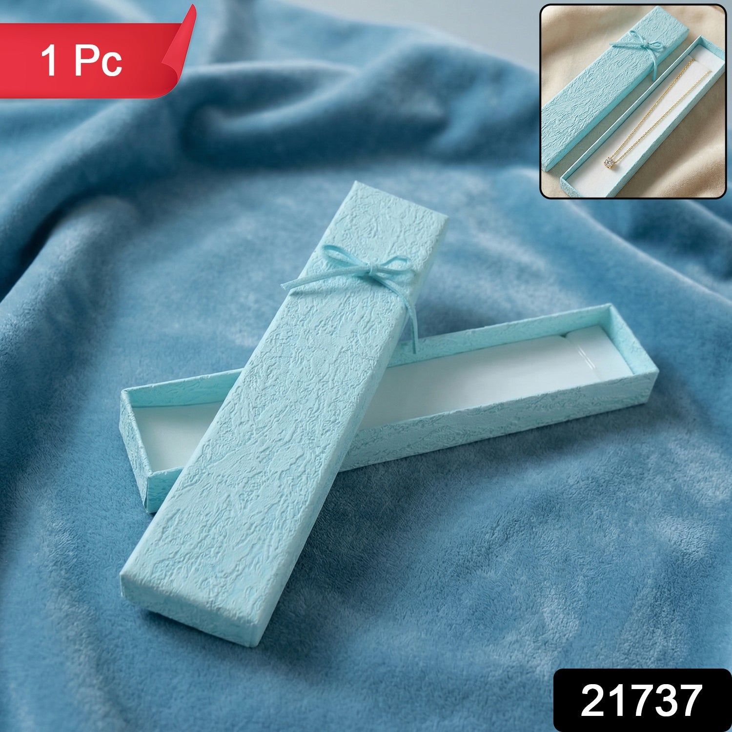 Jewelry gift box displayed with ribbon tied, suitable for necklaces and pendants