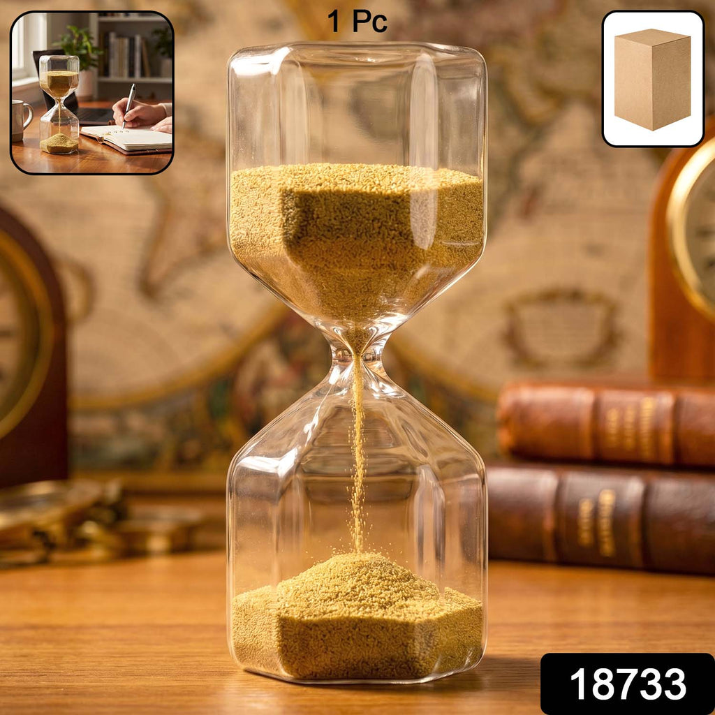 Side view of a decorative 4-minute sand timer hourglass with flowing yellow sand.