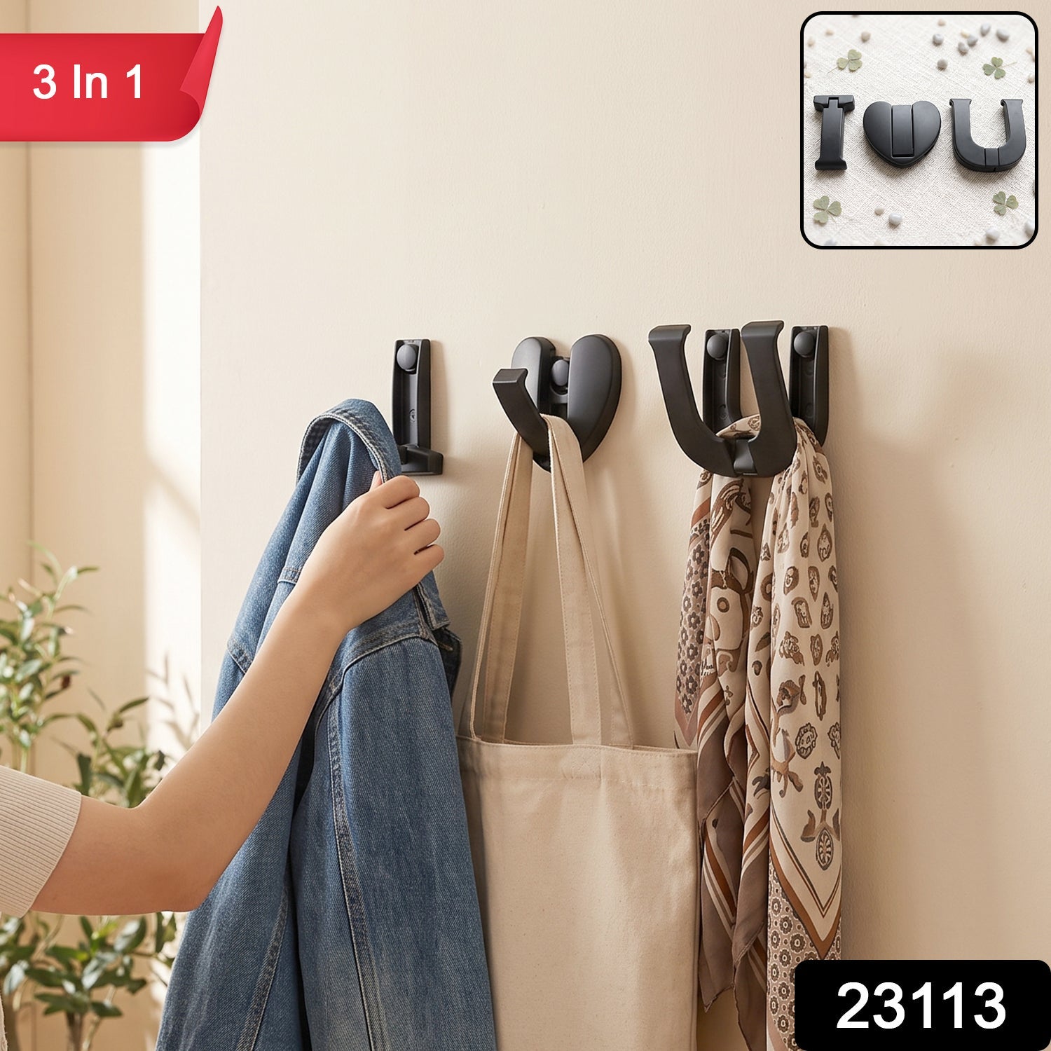 Set of 3 strong adhesive wall hooks for coats and towels