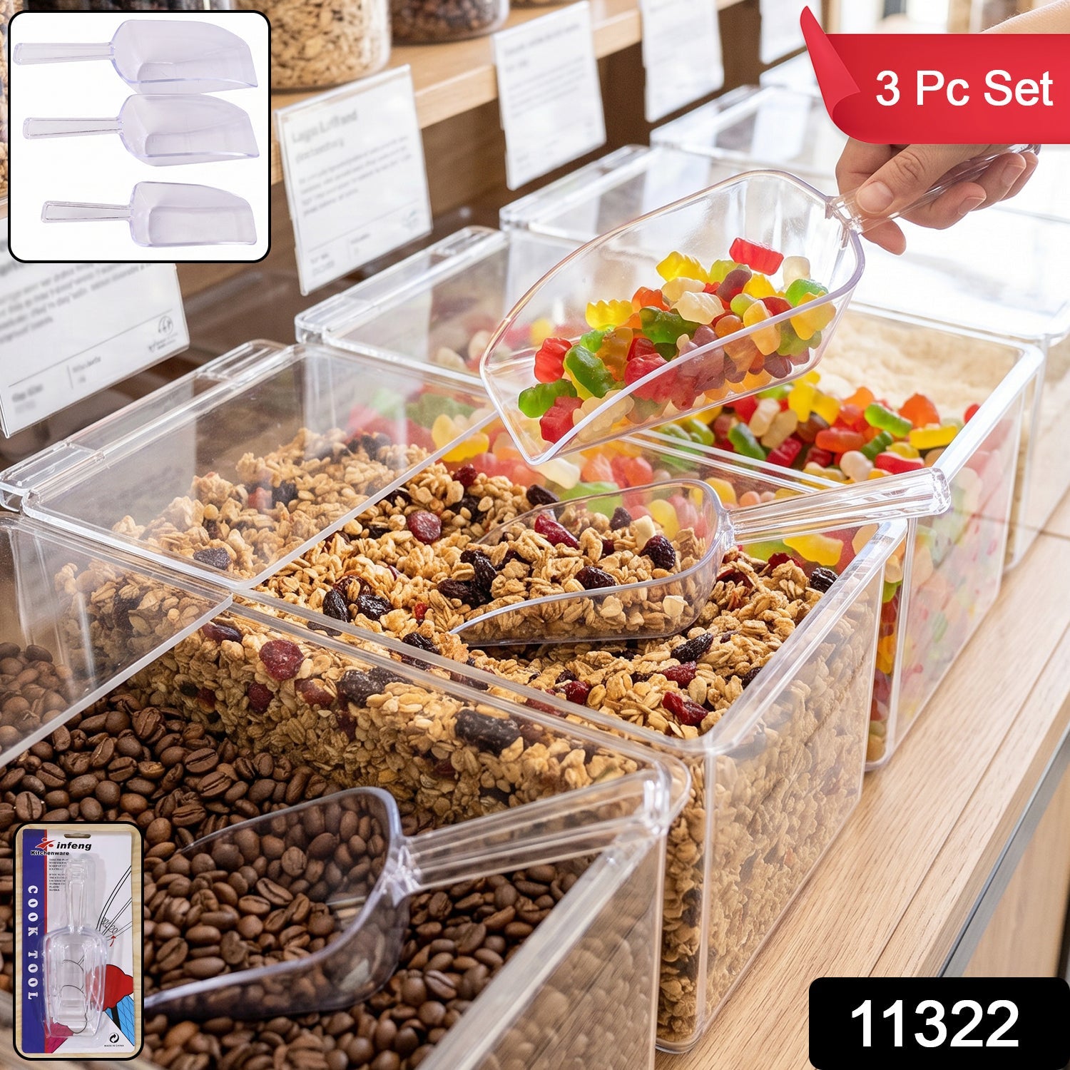 Set of 3 clear plastic measuring scoops for kitchen and pantry