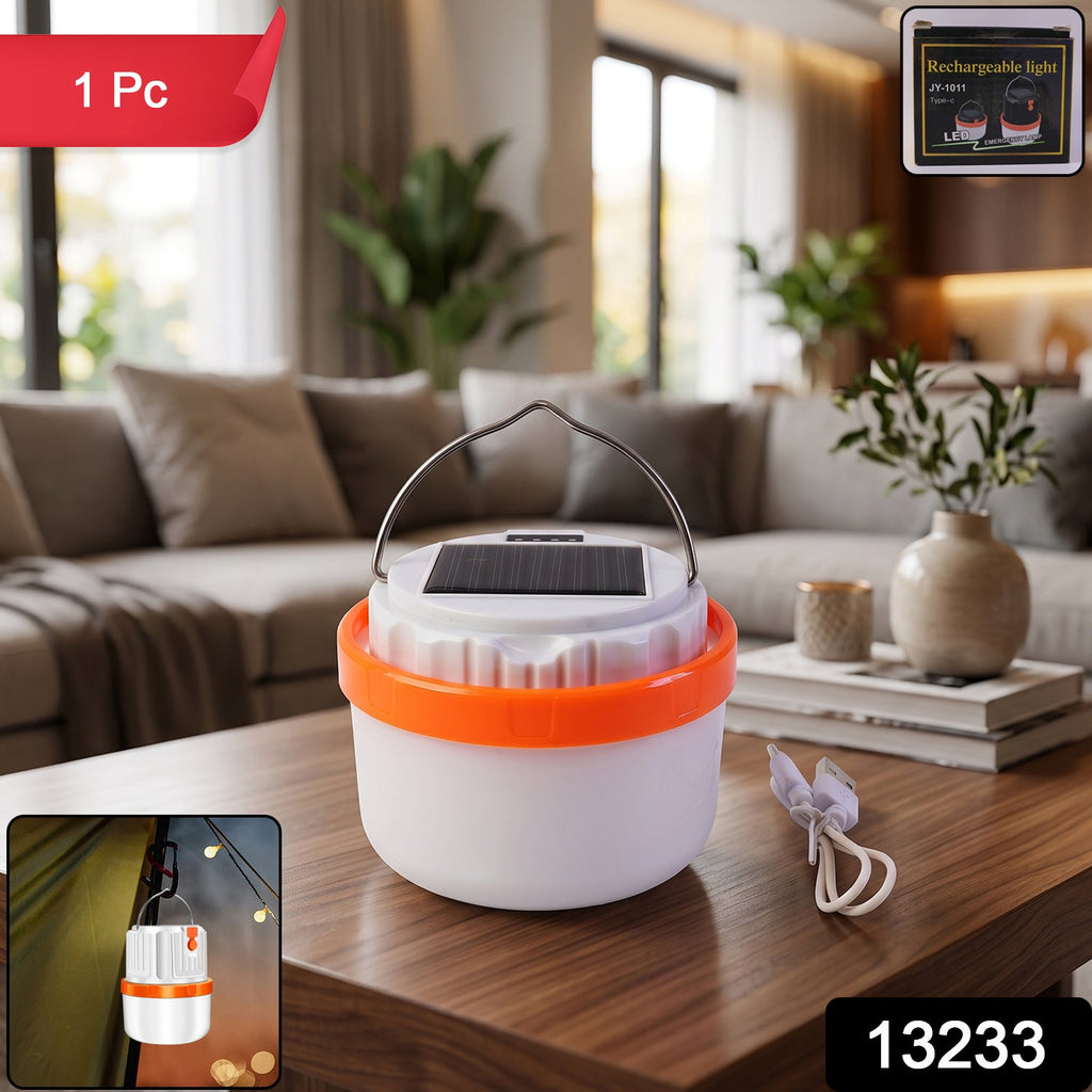 Portable LED lantern with solar charging for camping and power cuts