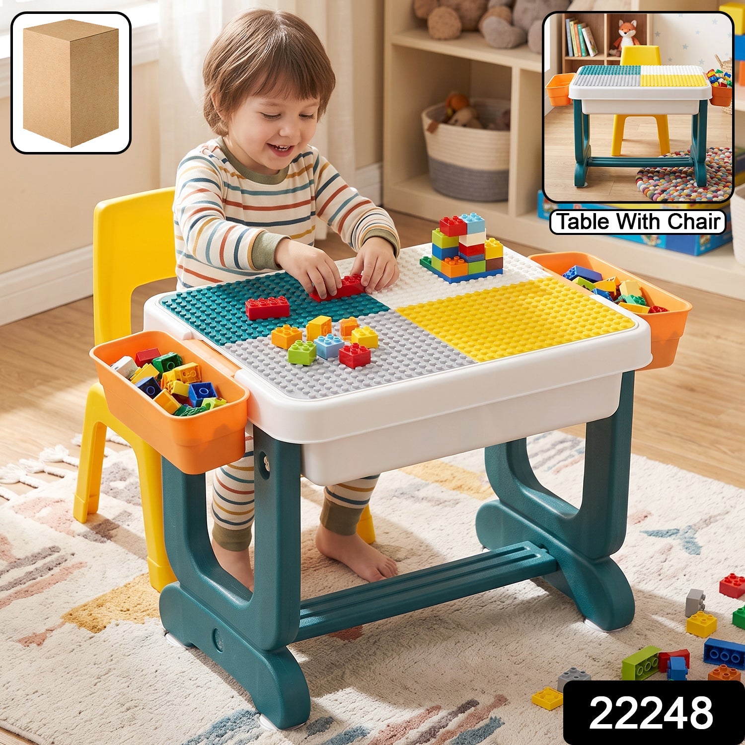 Children's building block table with chair and storage bins