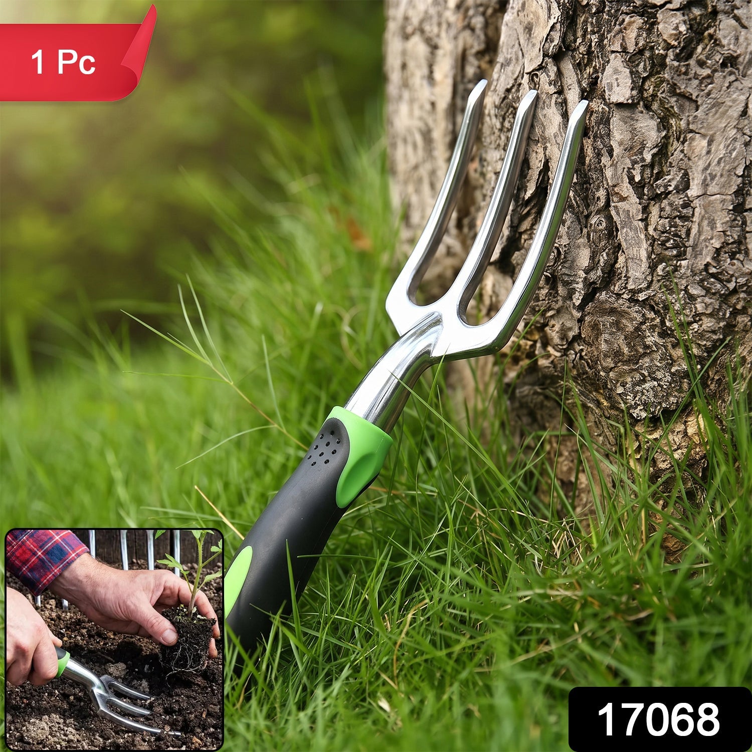 Stainless steel 3 tine fork for digging and turning soil
