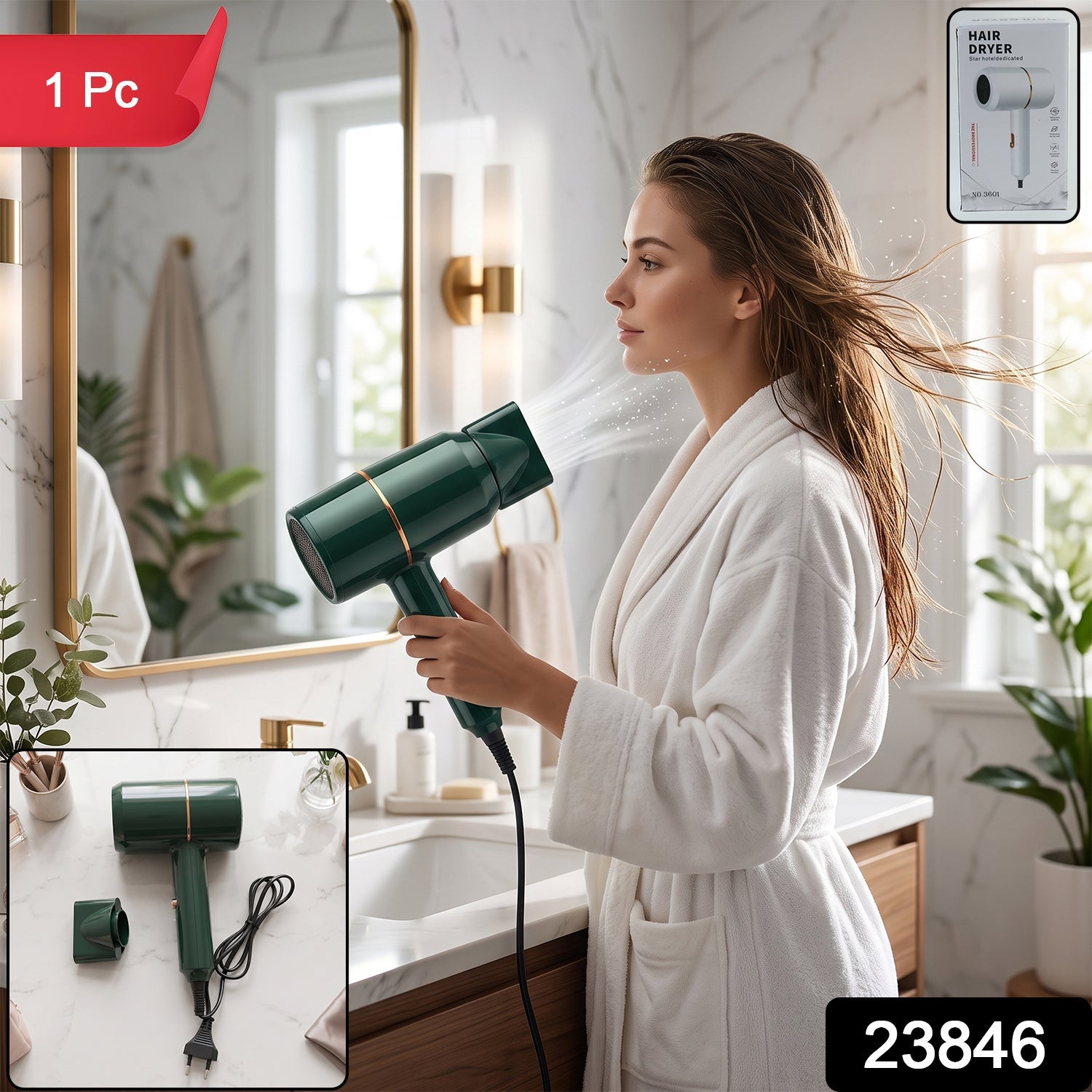 Professional hair blower with hot and cold settings and nozzle