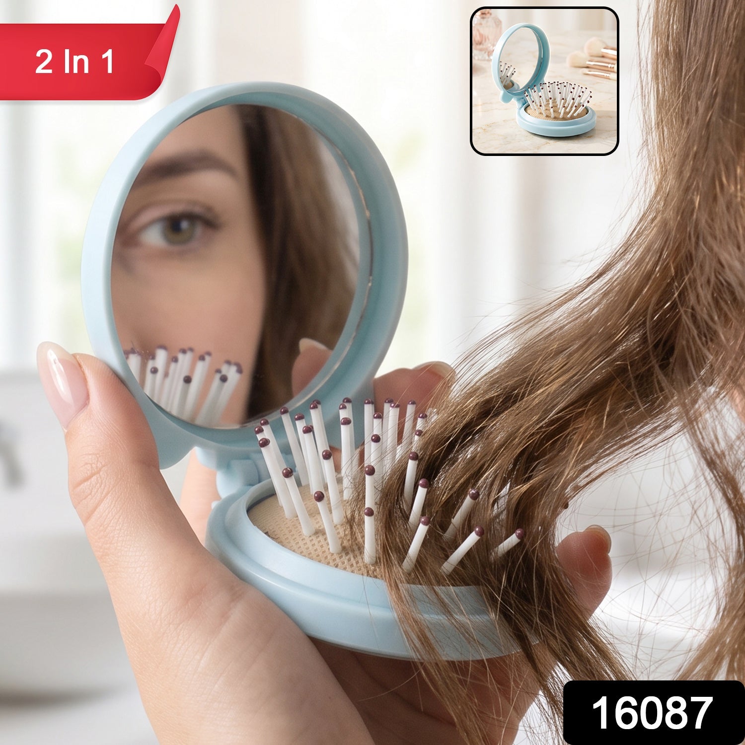 Foldable hair brush with built in mirror for handbag and travel