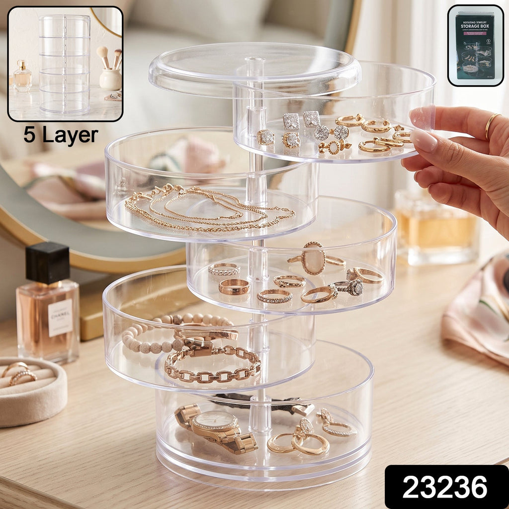 Rotating 5 tier jewellery box for rings, earrings, necklaces and watches