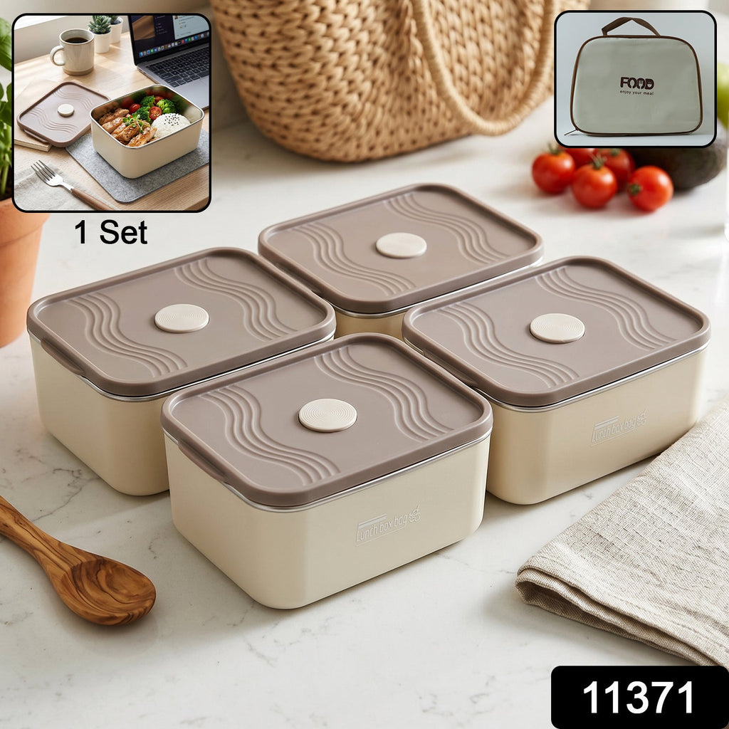 Complete insulated lunch box set showing all leak-proof food containers and carry bag.