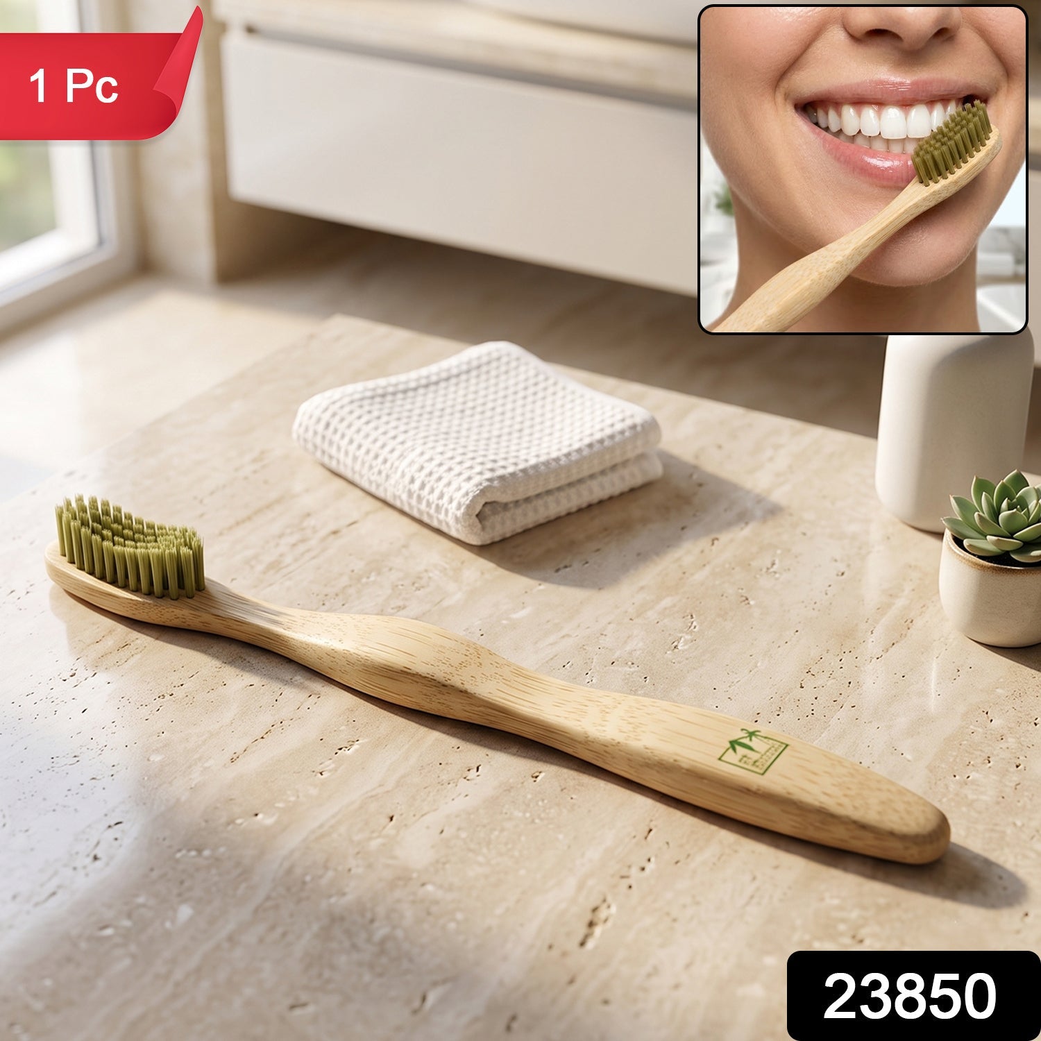 Soft Bristle Bamboo Toothbrush, Eco-Friendly Wooden Toothbrush with Green Bristles (1 Pc)