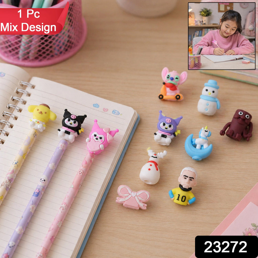 Children enjoying their schoolwork with a fun cartoon pencil topper.