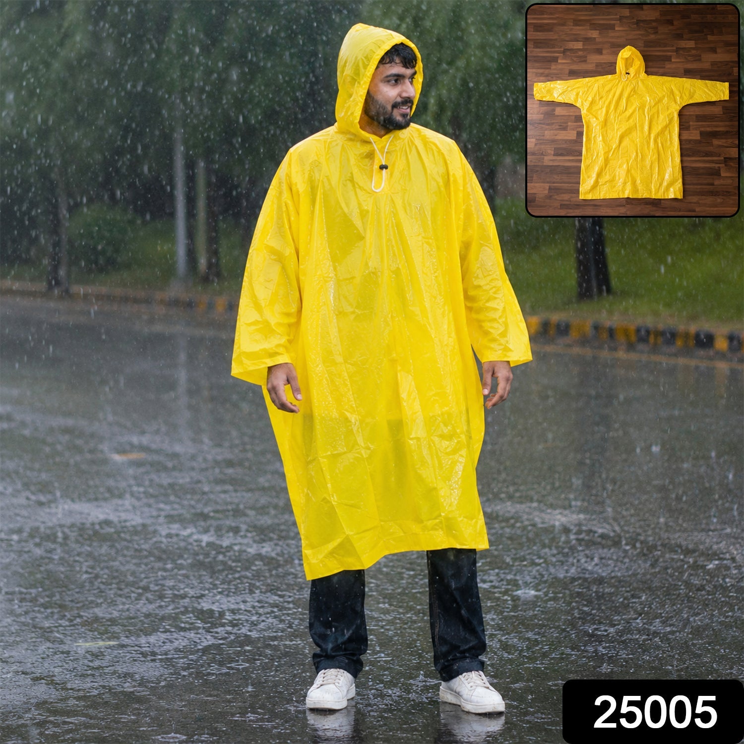 Yellow waterproof rain poncho showing its full length and hood detail.