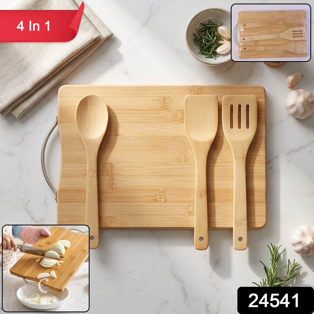 4 piece wooden cutting board set with bamboo cooking utensils