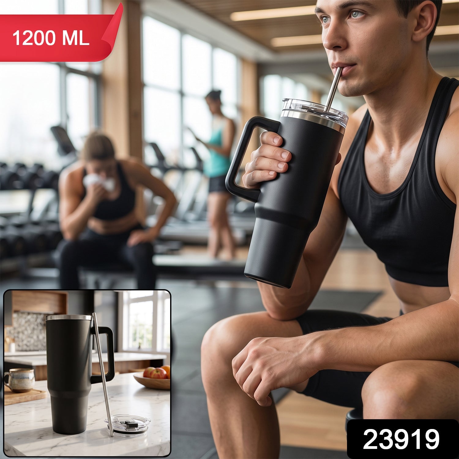 Black stainless steel tumbler with carry handle and straw