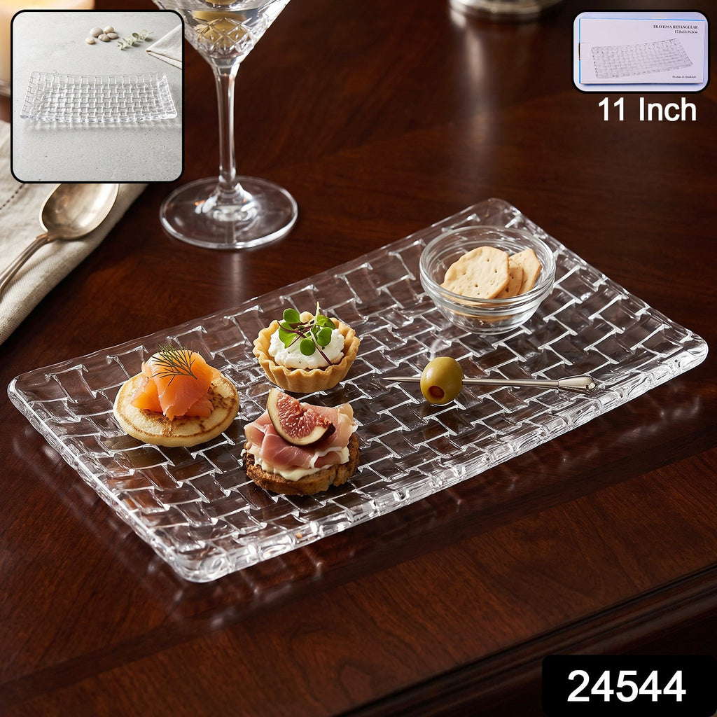 Rectangular glass platter with basketweave pattern for snacks