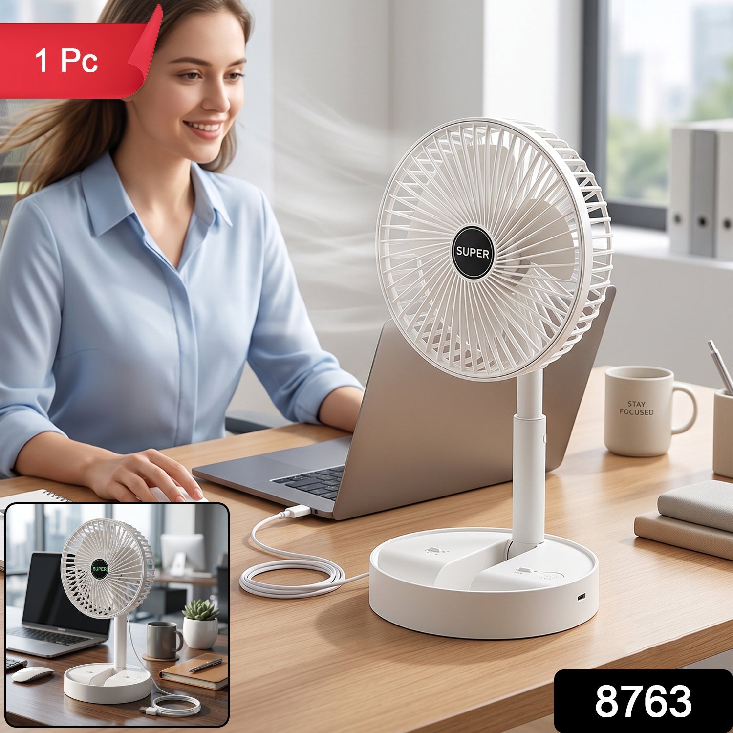 Foldable USB desk fan with adjustable height for cooling