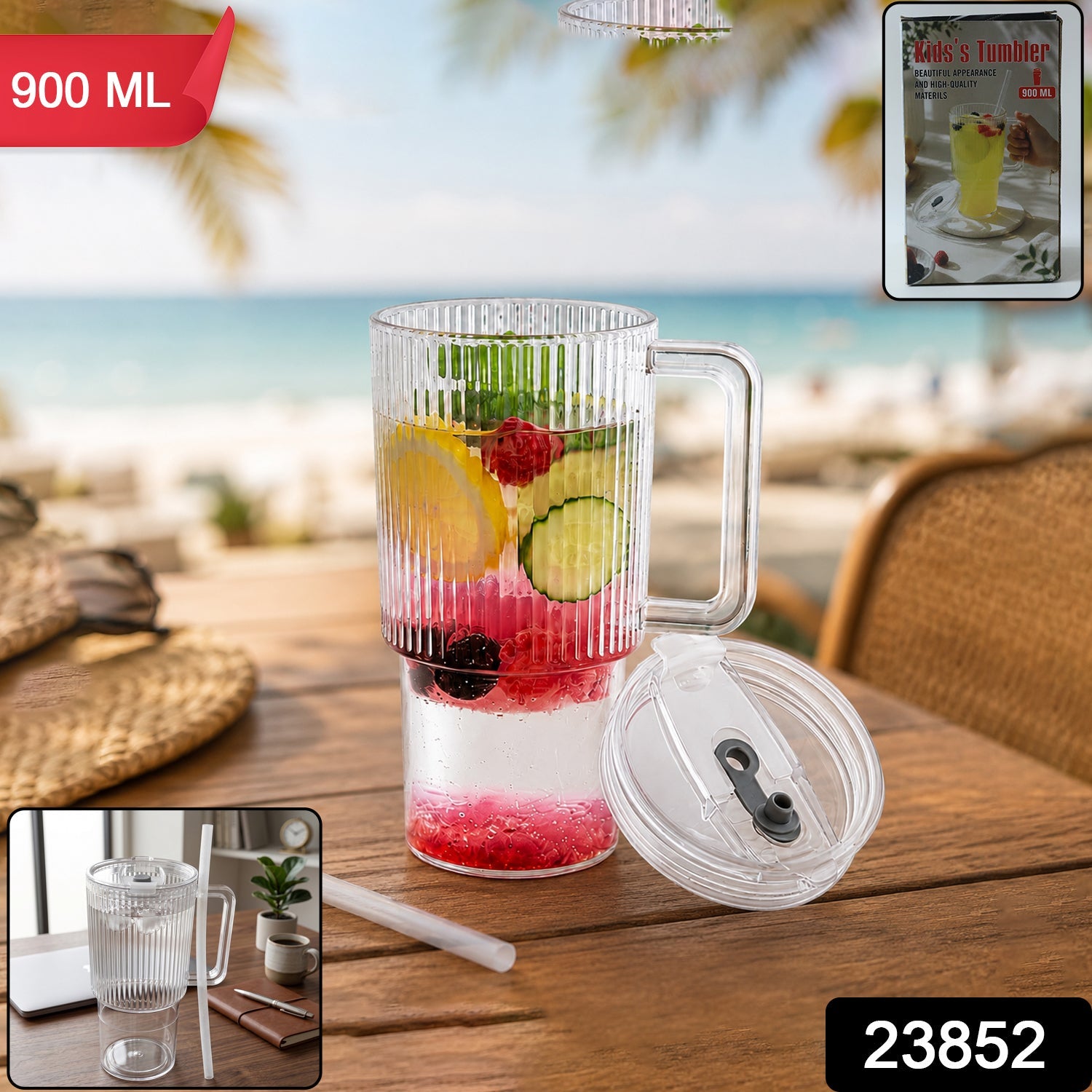 Kids Tumbler 900ml with Handle Lid and Straw Ribbed Water Sipper Cup (1 Pc) view 2