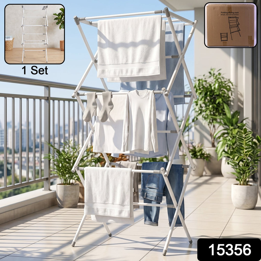 3 Tier Folding Clothes Drying Rack Laundry Cloth Dryer Stand for Balcony (1 Set) view 2
