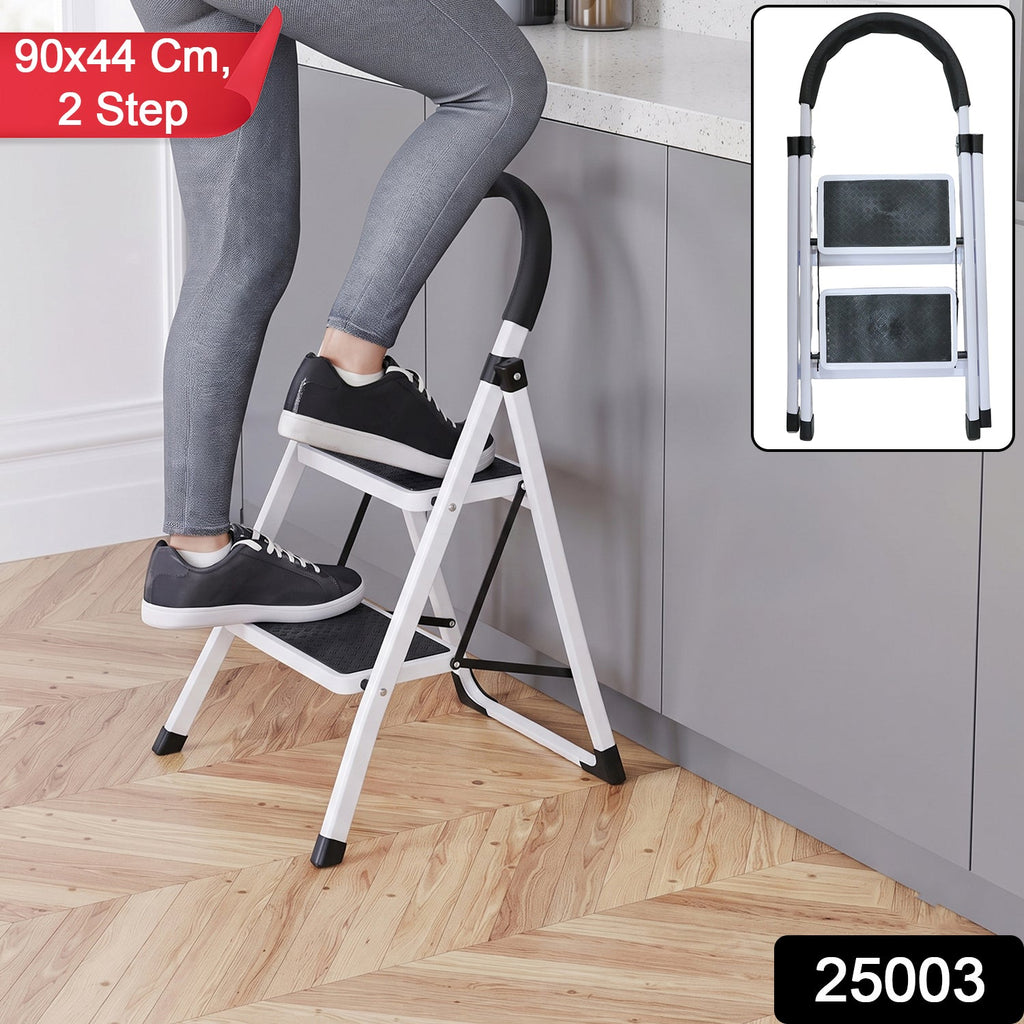 Two step foldable steel ladder with handrail for home use