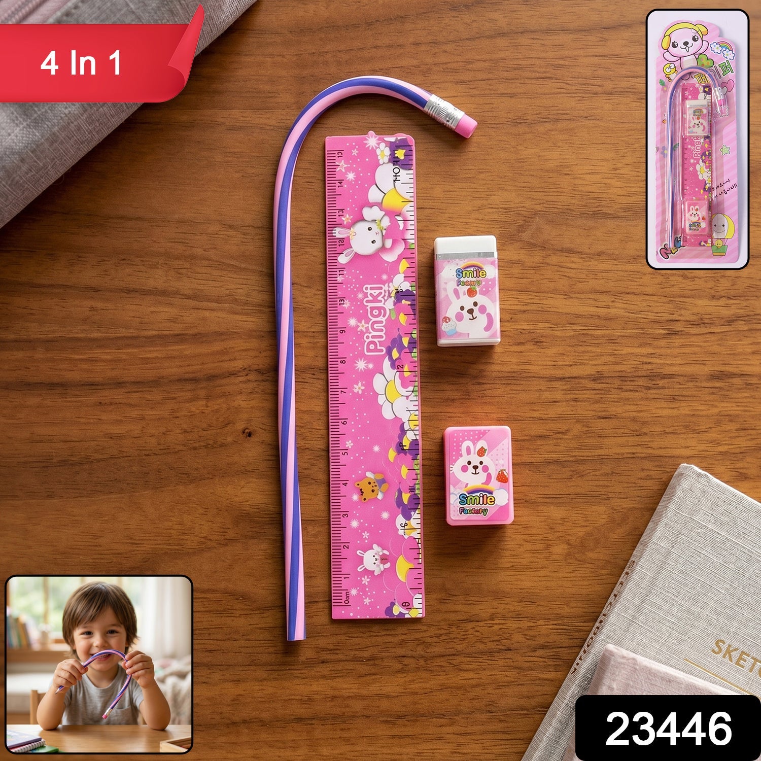 Charming pink 4-in-1 stationery set for children, featuring essential school tools.