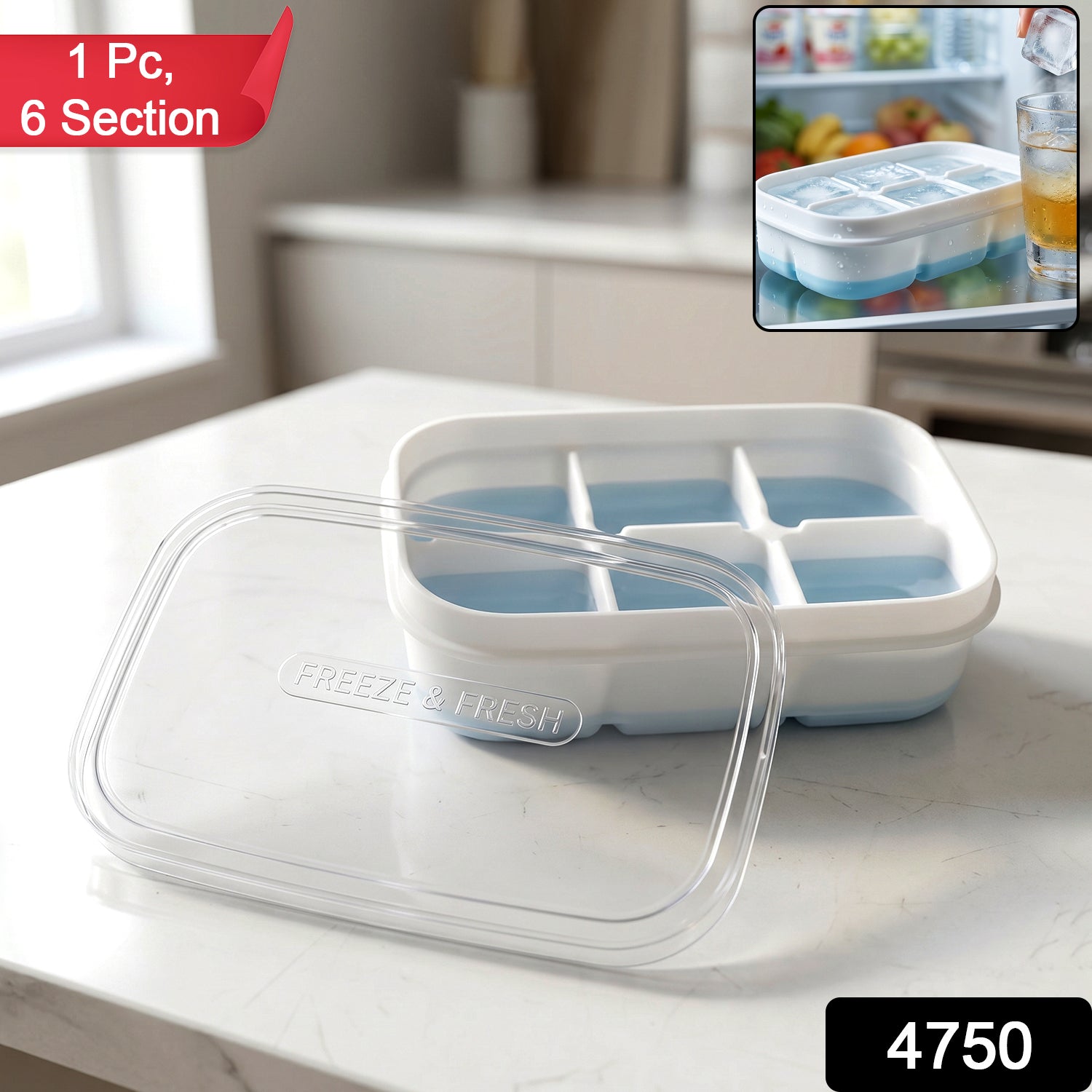 Overhead view of a compact six cavity ice tray fitting neatly in a freezer compartment.