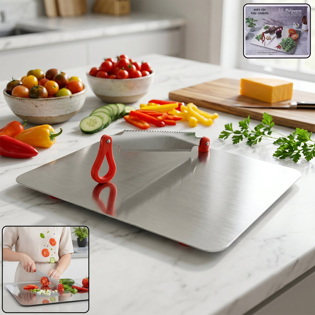 Steel multipurpose chopping board with knife