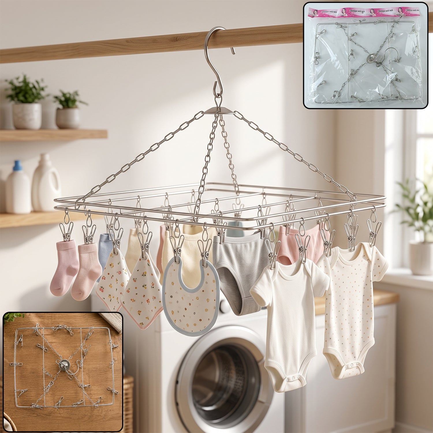 Stainless steel square multi clip drying hanger for socks and baby clothes (1 set)