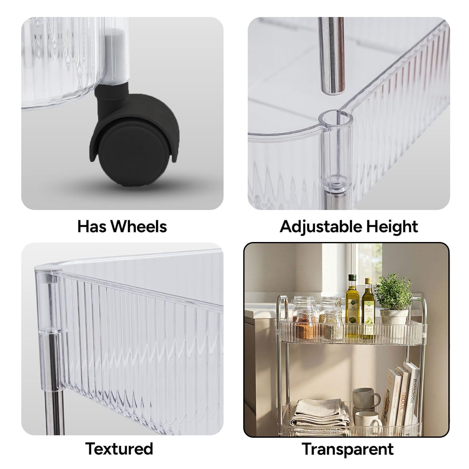 Kitchen storage trolley with wheels and open basket shelves