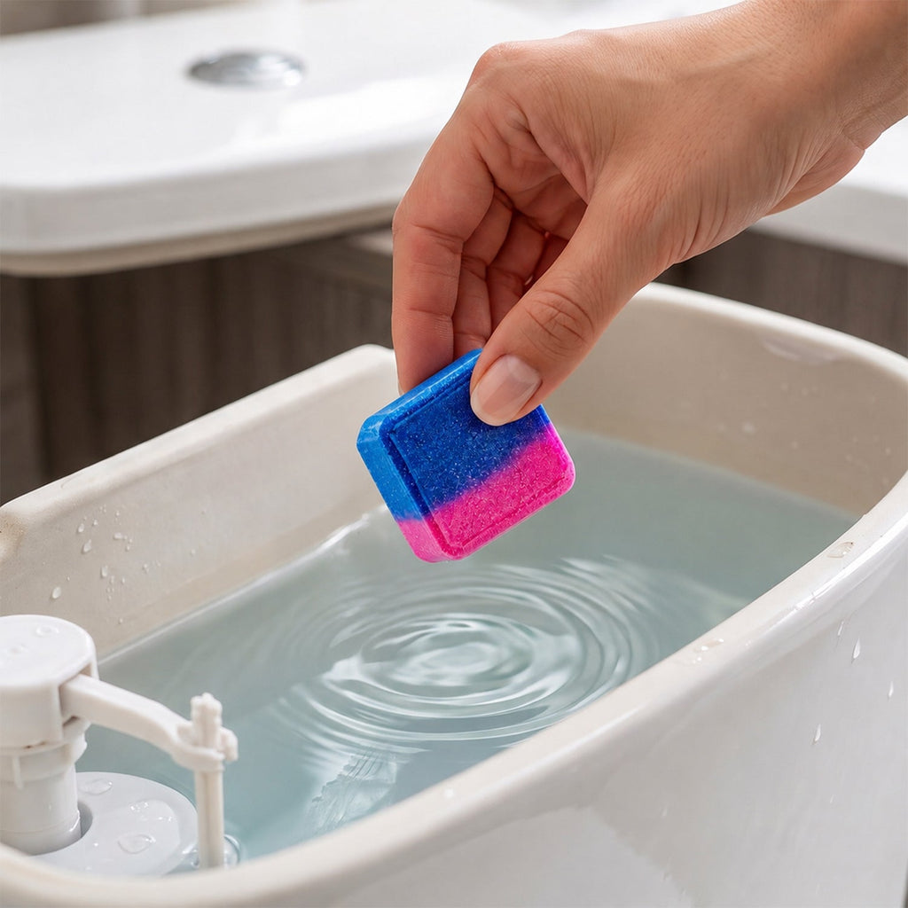 Automatic toilet cleaning block providing freshness with every flush.