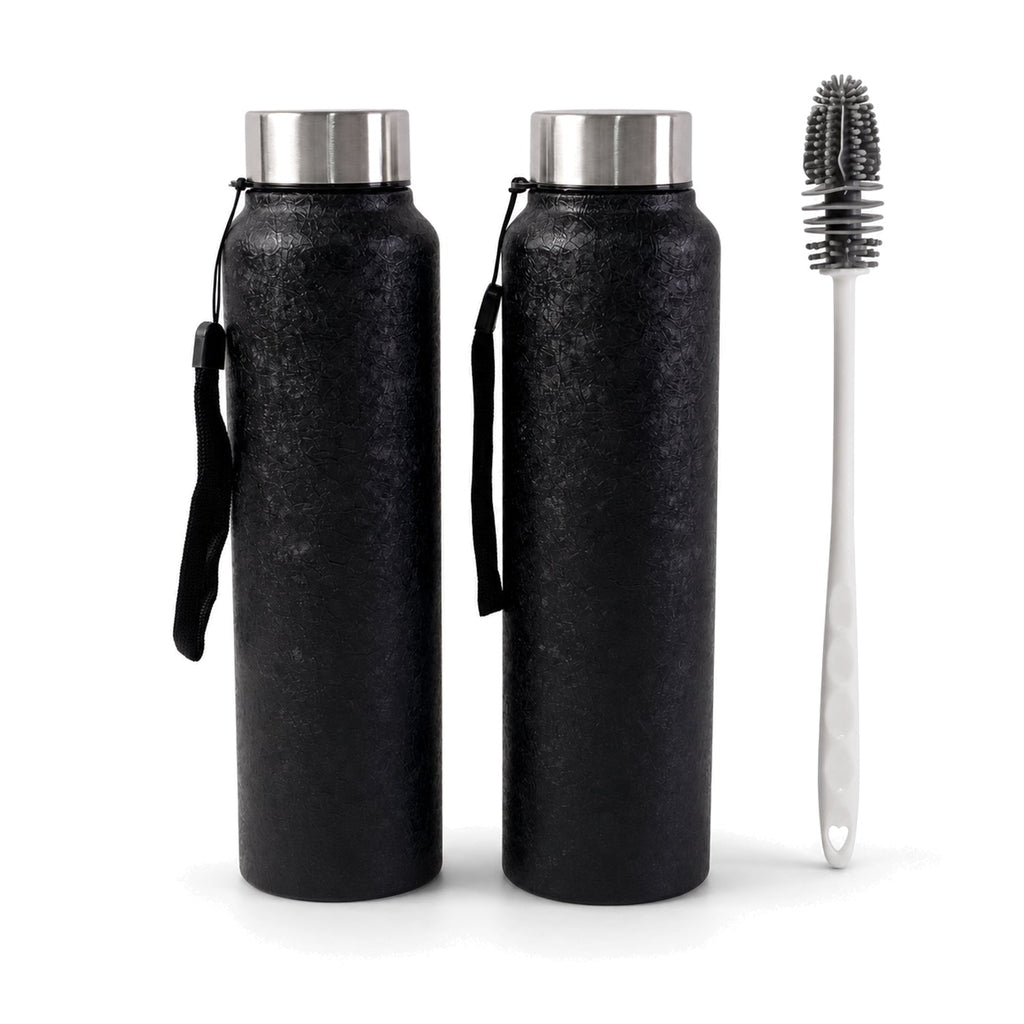 Stainless steel water bottle set on white background