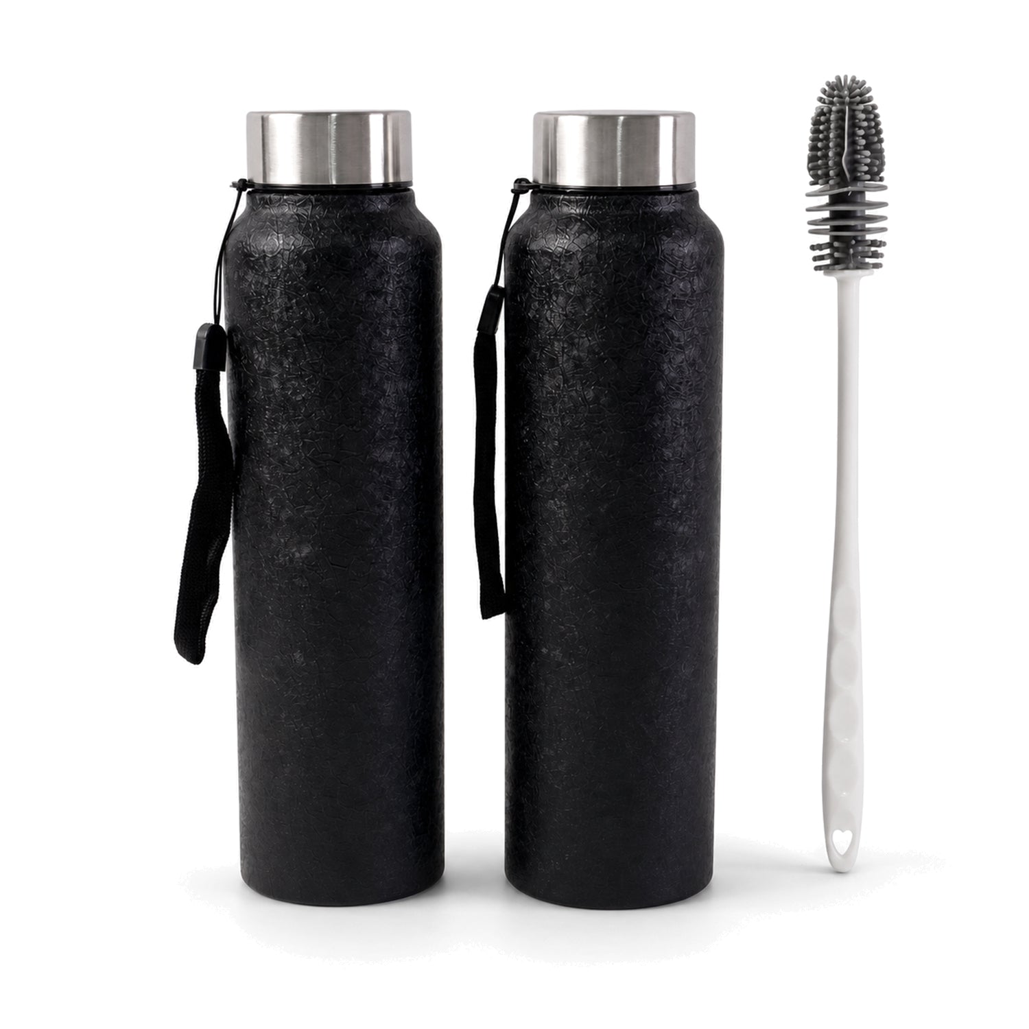 Stainless steel water bottle set on white background