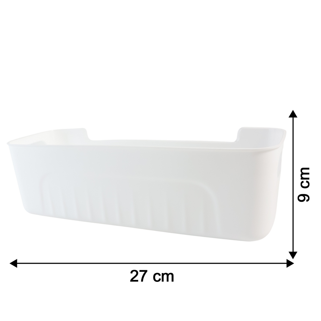 Size details of white plastic storage baskets showing measurements